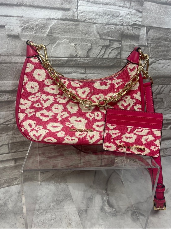 Michael Kors Handbags - Michael Kors Pink and Cream Heart Leopard Print Crossbody & Matching Card Case